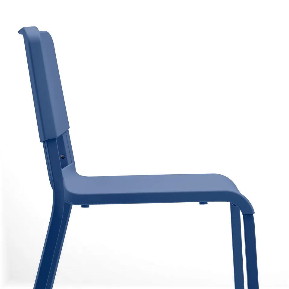 Blue plastic chair with metal legs, simple design, sturdy build.