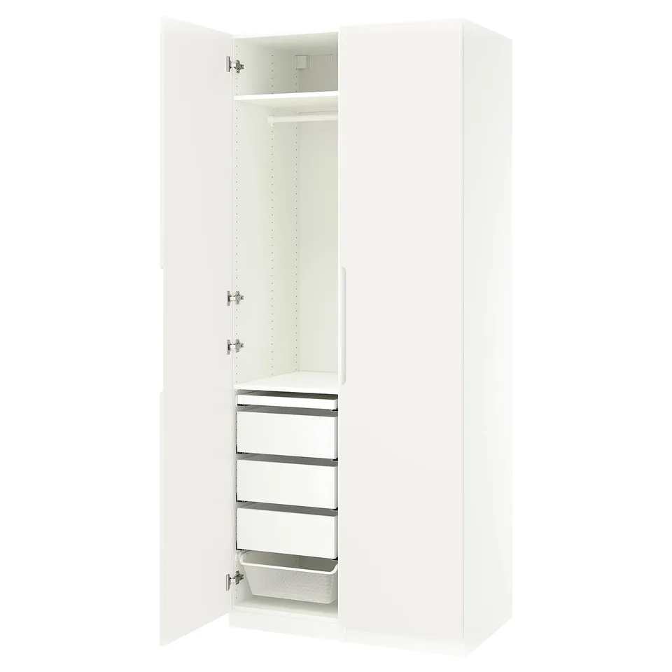 White vertical wardrobe with glass shelves and mesh basket.