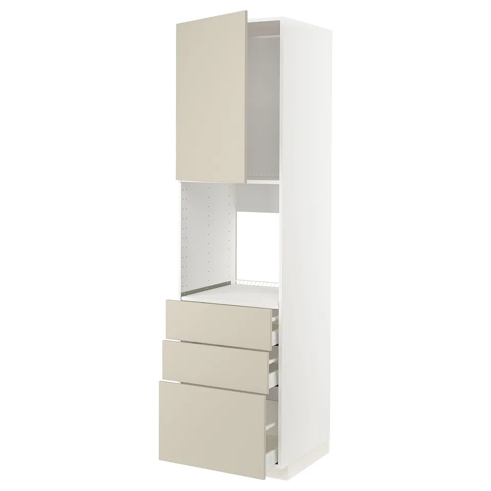White METOD kitchen cabinet with beige drawers and doors, sleek modern design, three drawers, tall with open top.