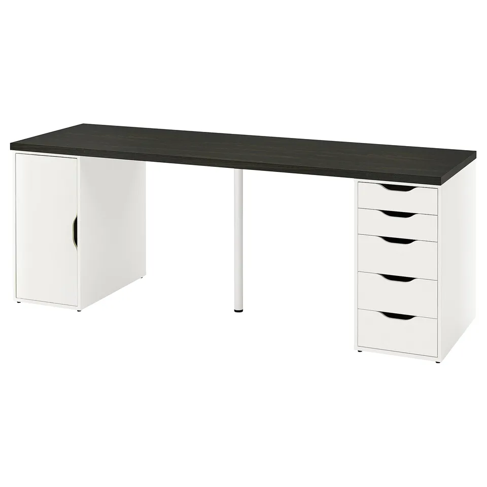 A white LAGKAPTEN desk with drawers and cabinet, featuring a dark top and sleek design.