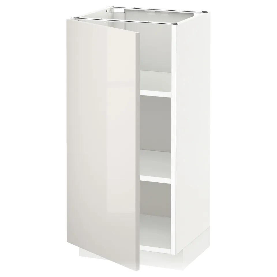 White METOD kitchen cabinet with high gloss, rectangular shape, adjustable shelf, left-opening door.