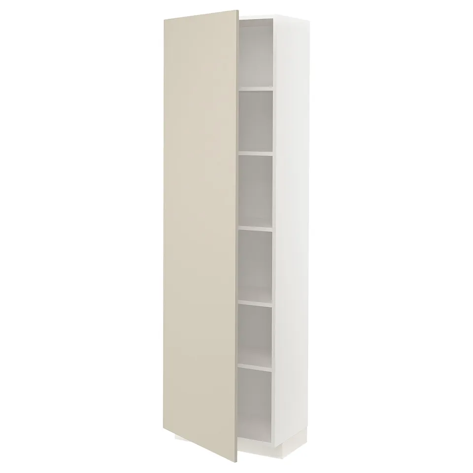 METOD kitchen cabinet in beige with white trim and adjustable shelves.