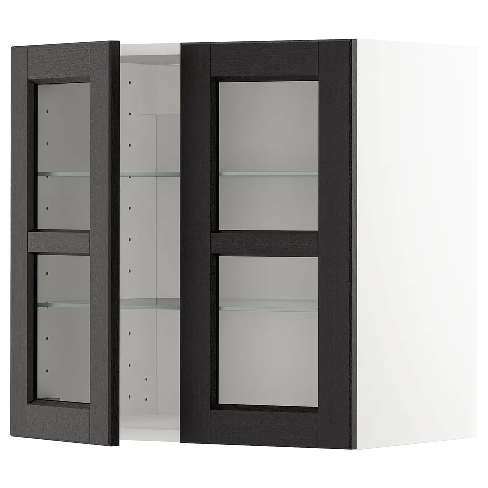 Grey METOD kitchen cabinet with glass doors.