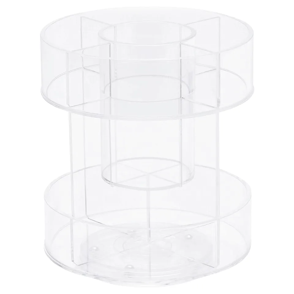 A transparent acrylic MOJAN makeup stand. It has multiple layers with compartments for organising makeup, brushes, and pens.