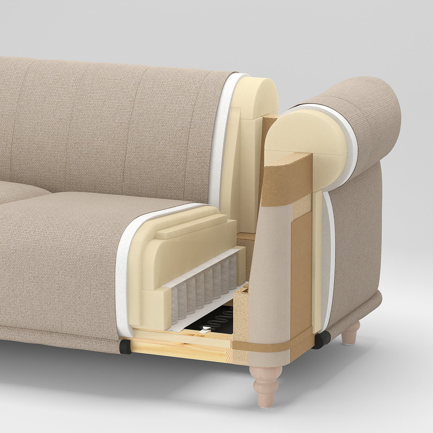Cross-sectional sofa showing fabric cover, foam layers, and wooden frame.