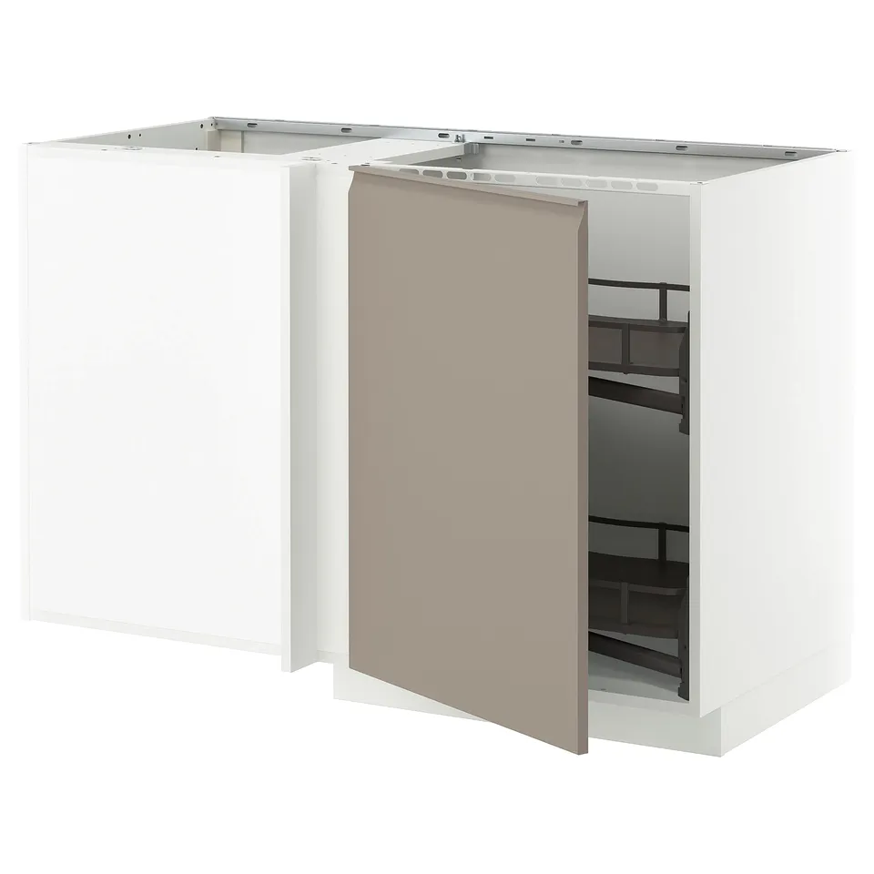A white METOD kitchen cabinet with a grey-beige door open, revealing a pull-out shelf.