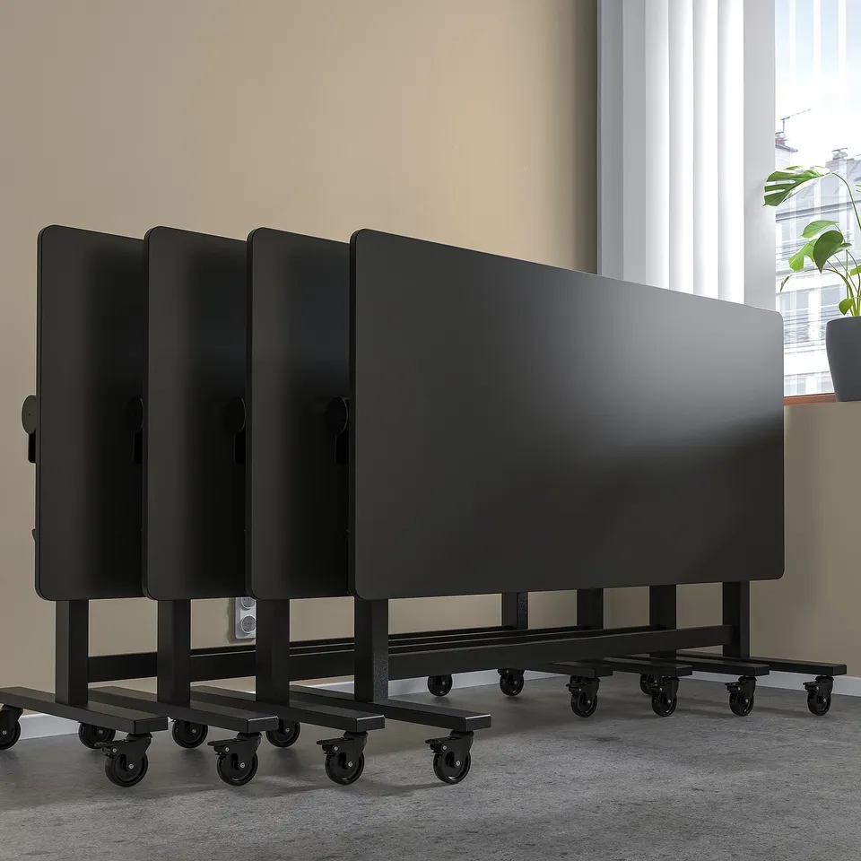 Multiple black, foldable tables on wheels lined against wall, perfect for flexible meeting rooms. Easy to roll, fold, and store.