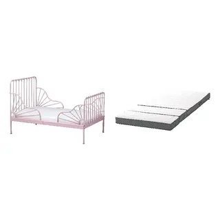 HÄMPLING/MINNEN set: ext bed frame with slatted bed base + 3D mattress for extendable bed