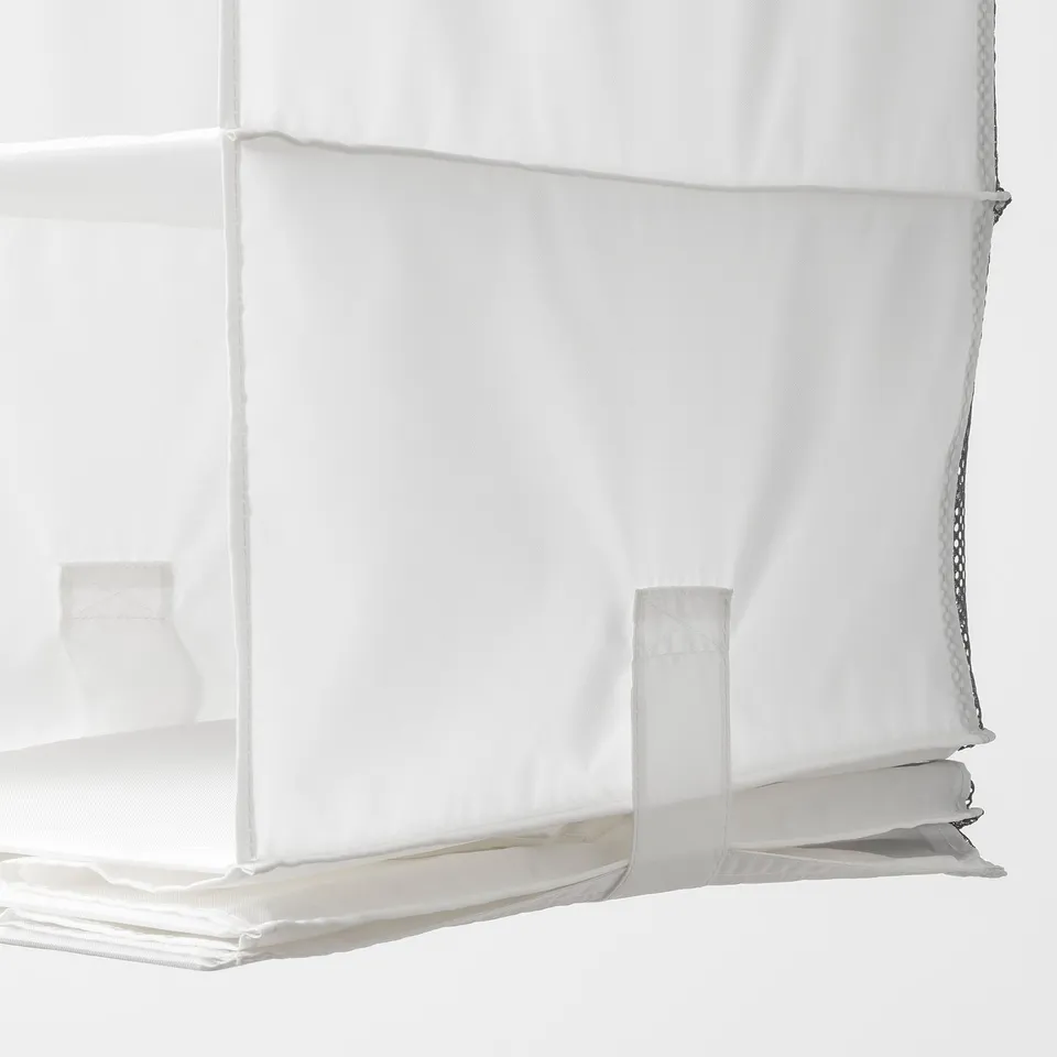 White hanging storage bag with five compartments and touch-and-close fasteners, made of durable recycled polyester.