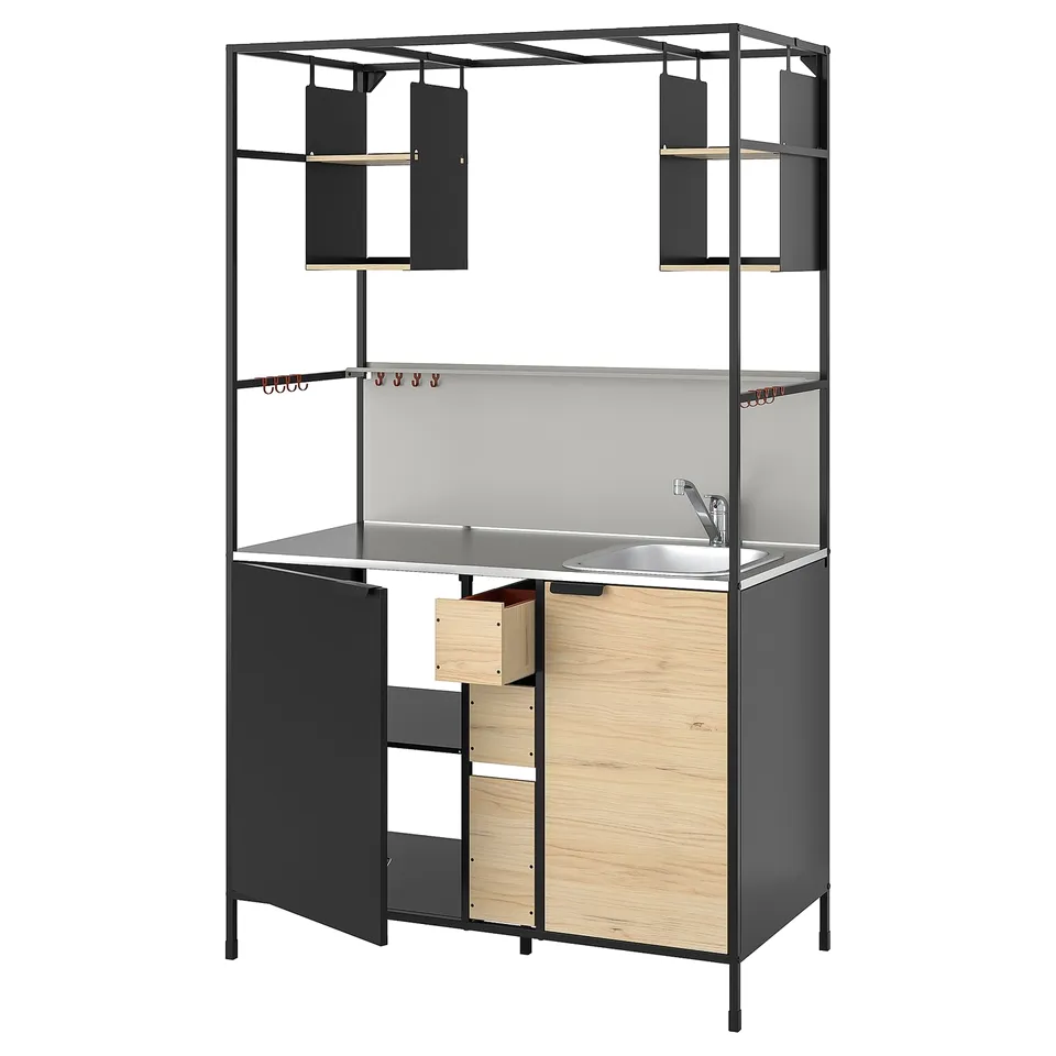 Modern black and wood kitchenette with sink, shelves, and cabinet.