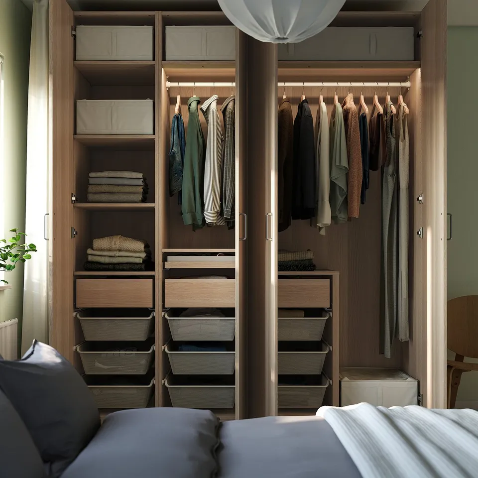 Organised wardrobe displaying clothes, baskets, and shelves, showing efficient storage for various items.