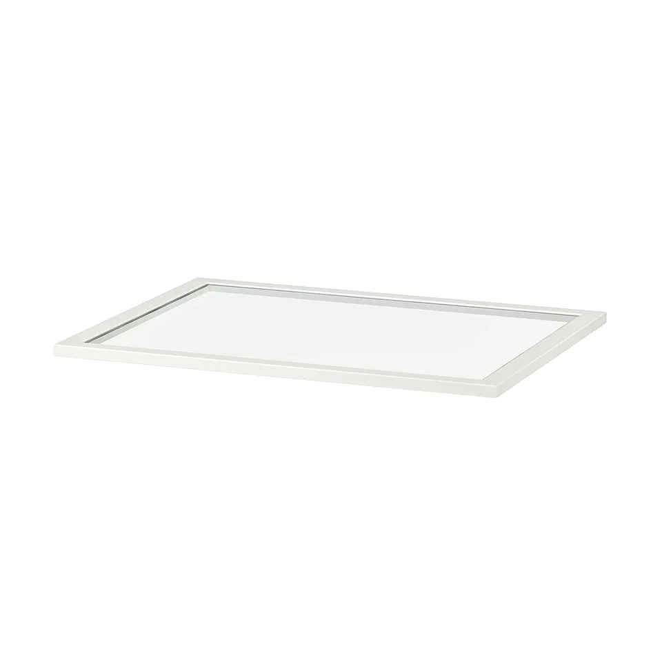 A KOMPLEMENT glass shelf in white. Its rectangular, with a fibreboard frame and tempered glass centre, designed for pax wardrobes.