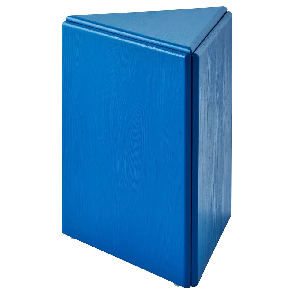 KONSTRUNDA blue triangular stool, pine wood with grain texture, three-sided design, sturdy and stylish.