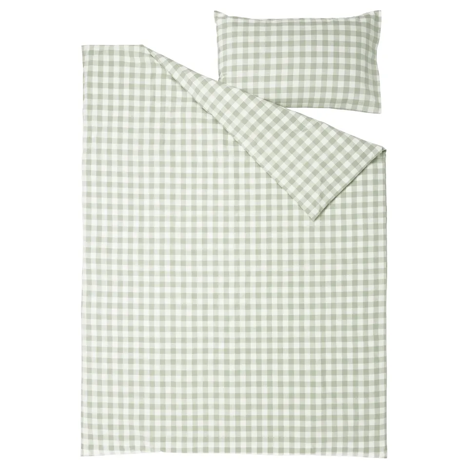 EKTANDVINGE set: pale green-white chequered cotton duvet & pillow.
