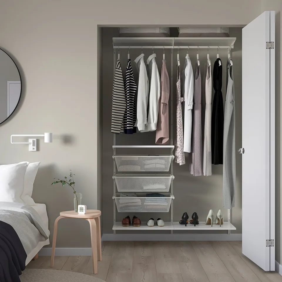 Open wardrobe: BOAXEL grey & white, steel/metal, rectangular, modern minimalist, fits neatly inside room.