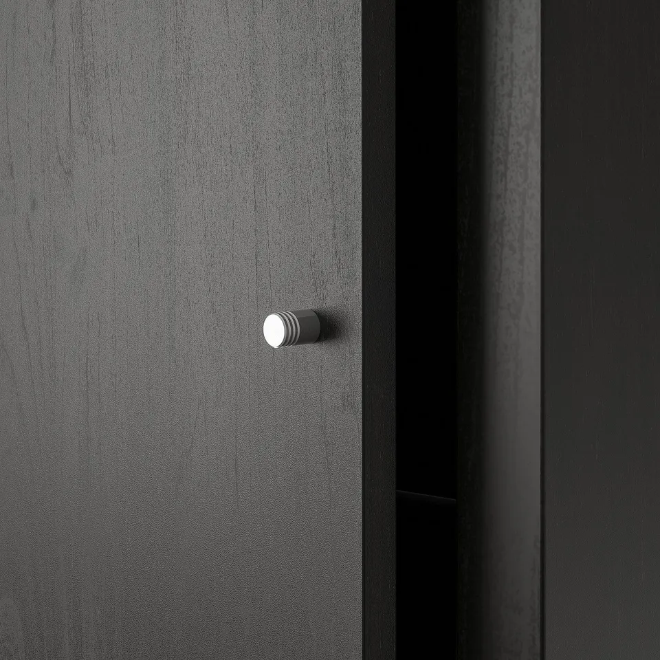 Modern, minimalist door with sleek, round handle in silver. Textured, dark grey finish, reflecting quality and contemporary design.