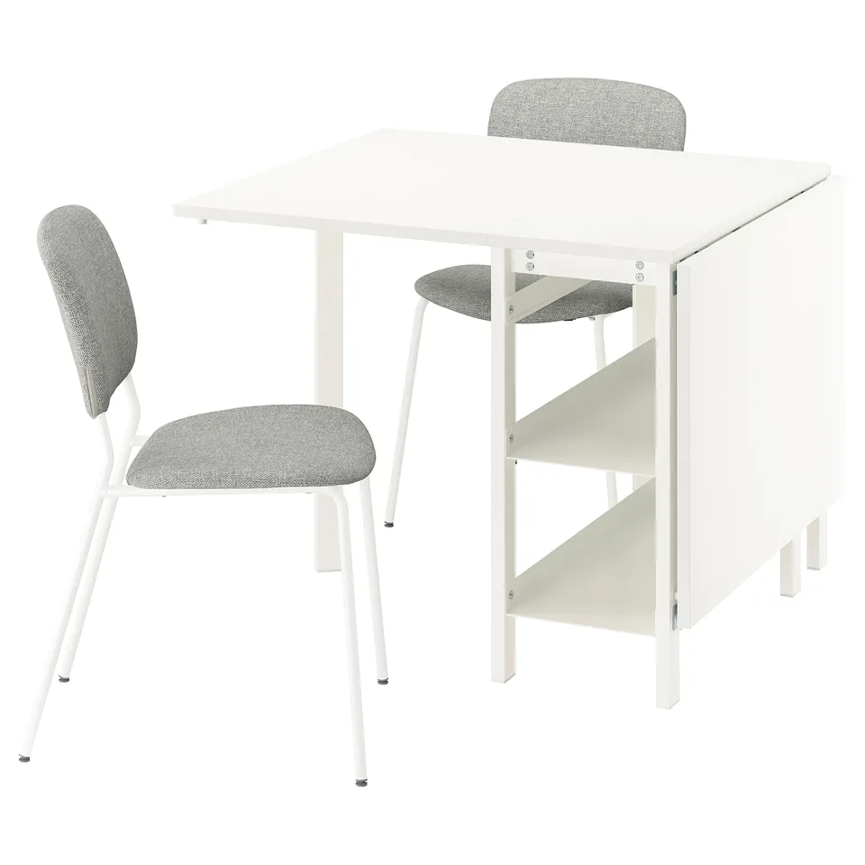 Image shows a white VIHALS dining set with two chairs and a square table. Chairs have grey fabric seats and backs.