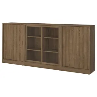 TONSTAD storage combination w sliding doors, brown stained oak veneer/clear glass, 284x37x120 cm