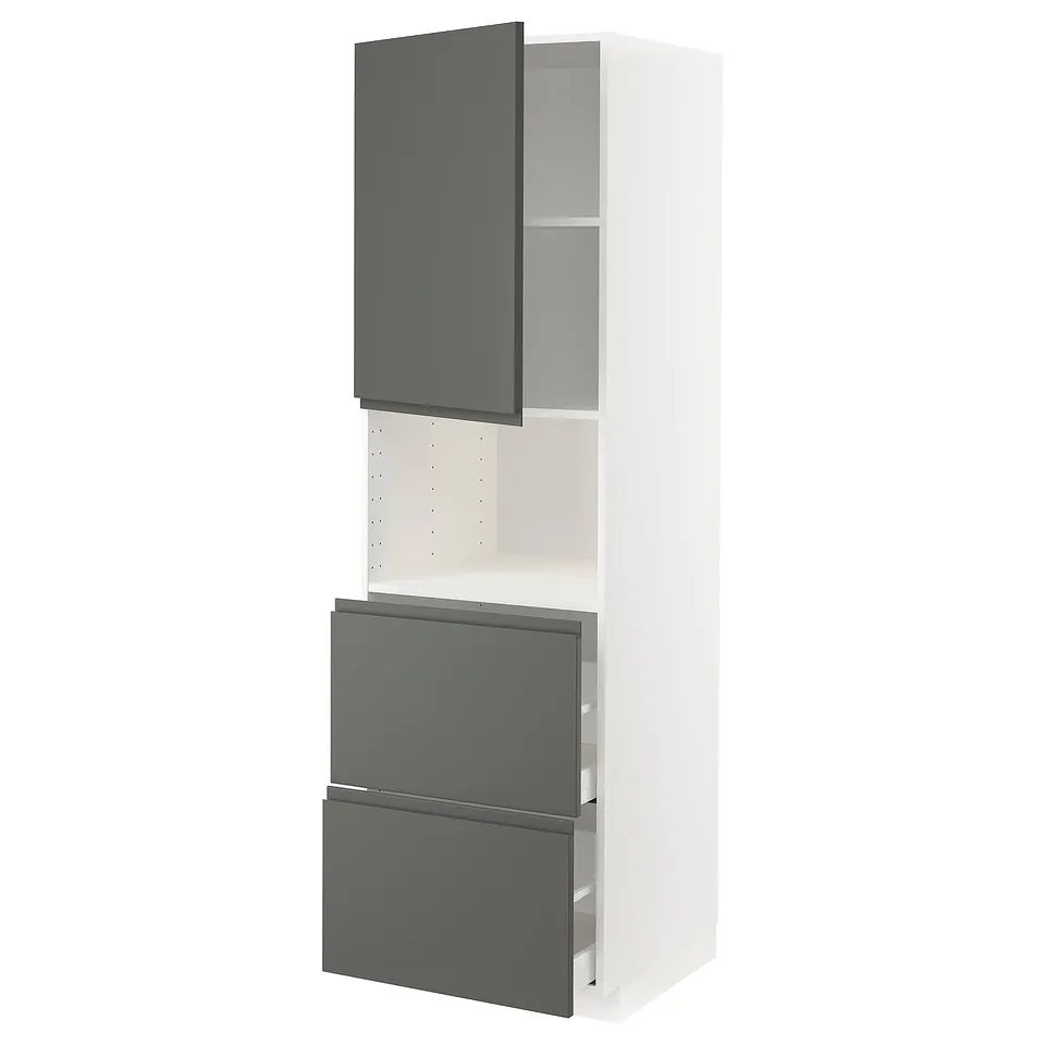 Modern white and dark grey ikea METOD kitchen unit with drawers and shelves.