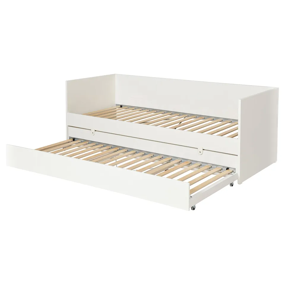 A white ikea VIHALS daybed with a pull-out trundle. The modern design is practical for spaces needing multifunctional furniture.