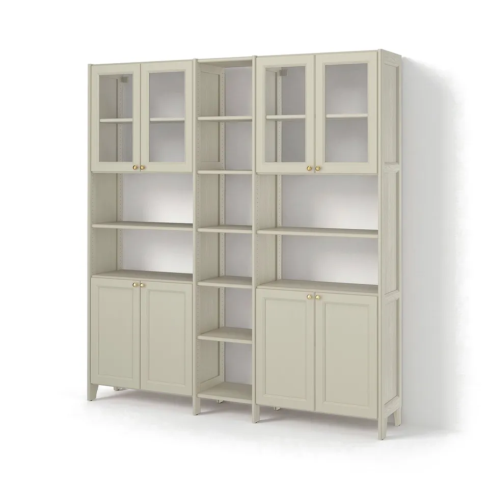 GULDDRAGARE Storage combination, beige clear glass/with doors with shelves, 200x37x216 cm