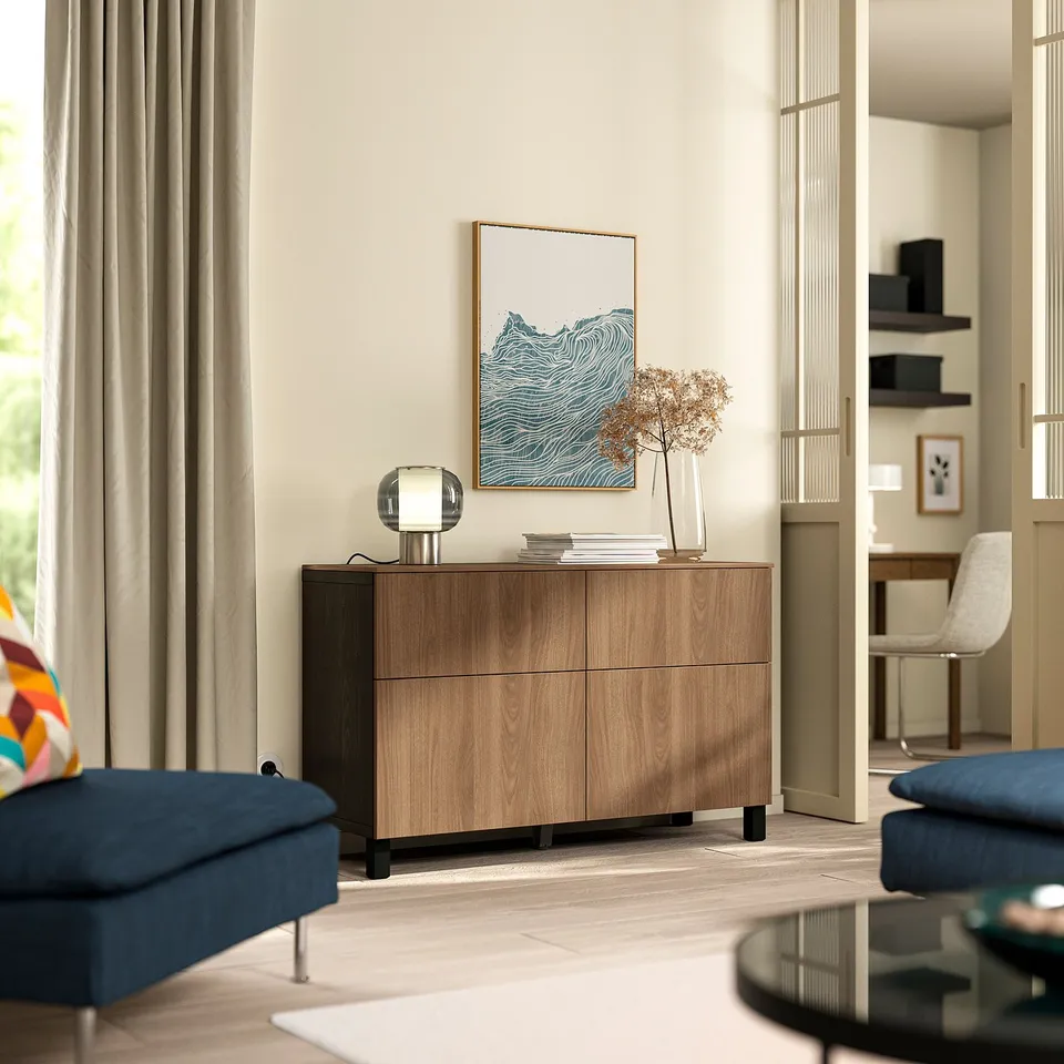 BESTÅ Storage combination w doors/drawers, black-brown Lappviken/Stubbarp/brown walnut effect, 120x42x75 cm