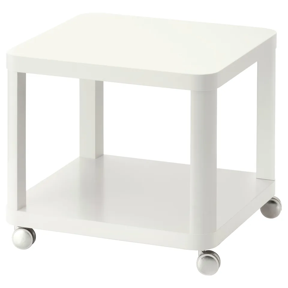 White rolling table, square top, minimalist design, four casters.