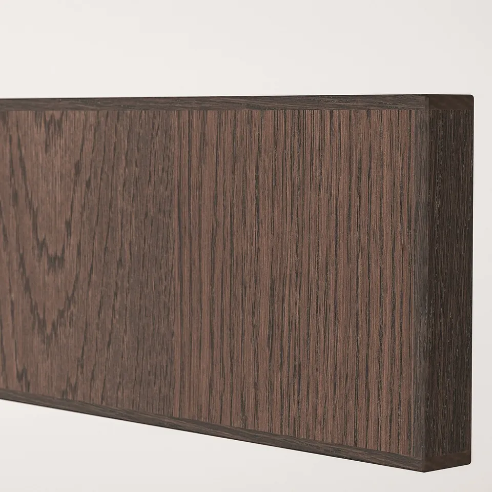 Dark wood veneer panel with visible grain texture, smooth finish, and solid wood edges, highlighting quality craftsmanship.