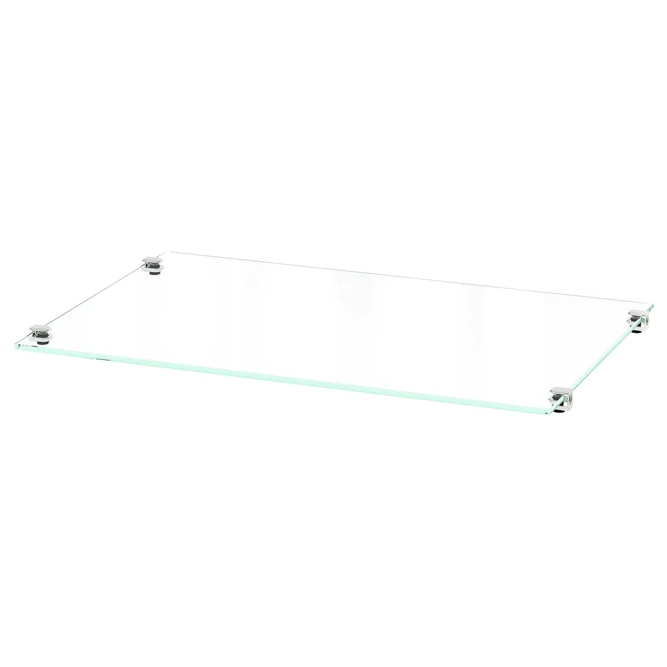 Modern clear glass shelf with four silver clips, rectangular shape, sleek design.
