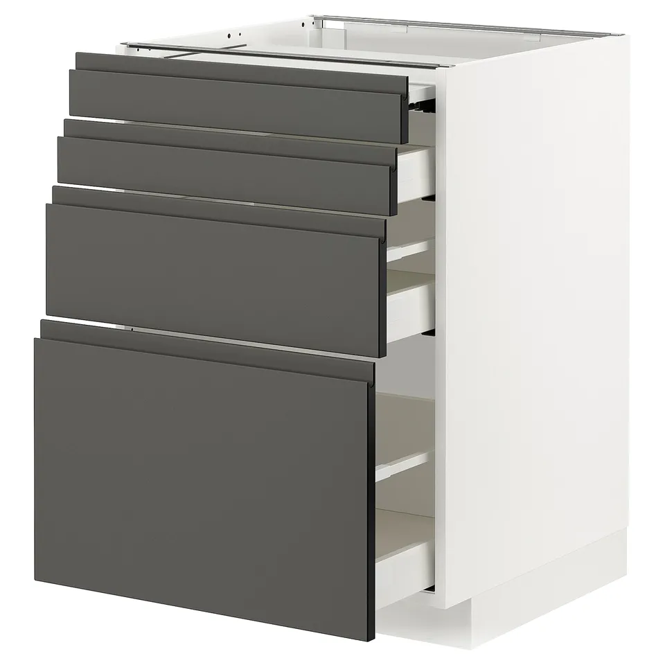 Modern kitchen cabinet in white with five dark grey drawers, sleek design, full-extension drawers.