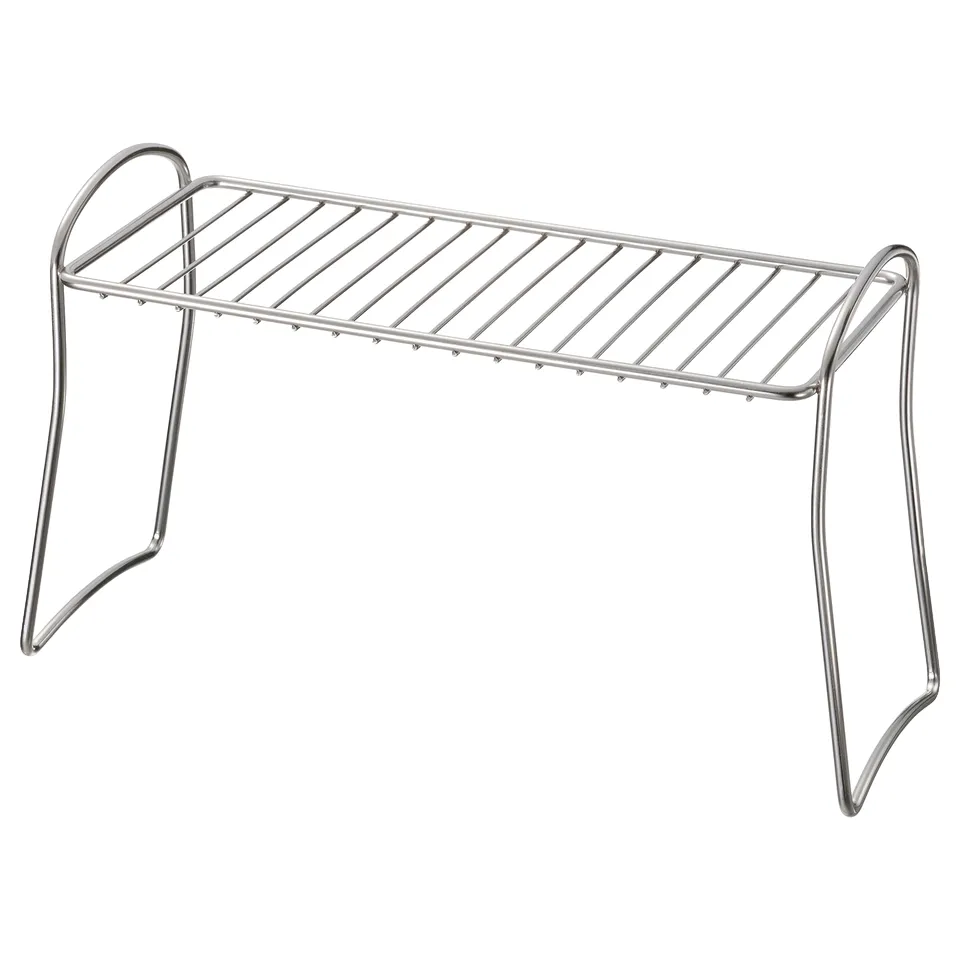 Stainless steel kitchen drying rack with curved legs.