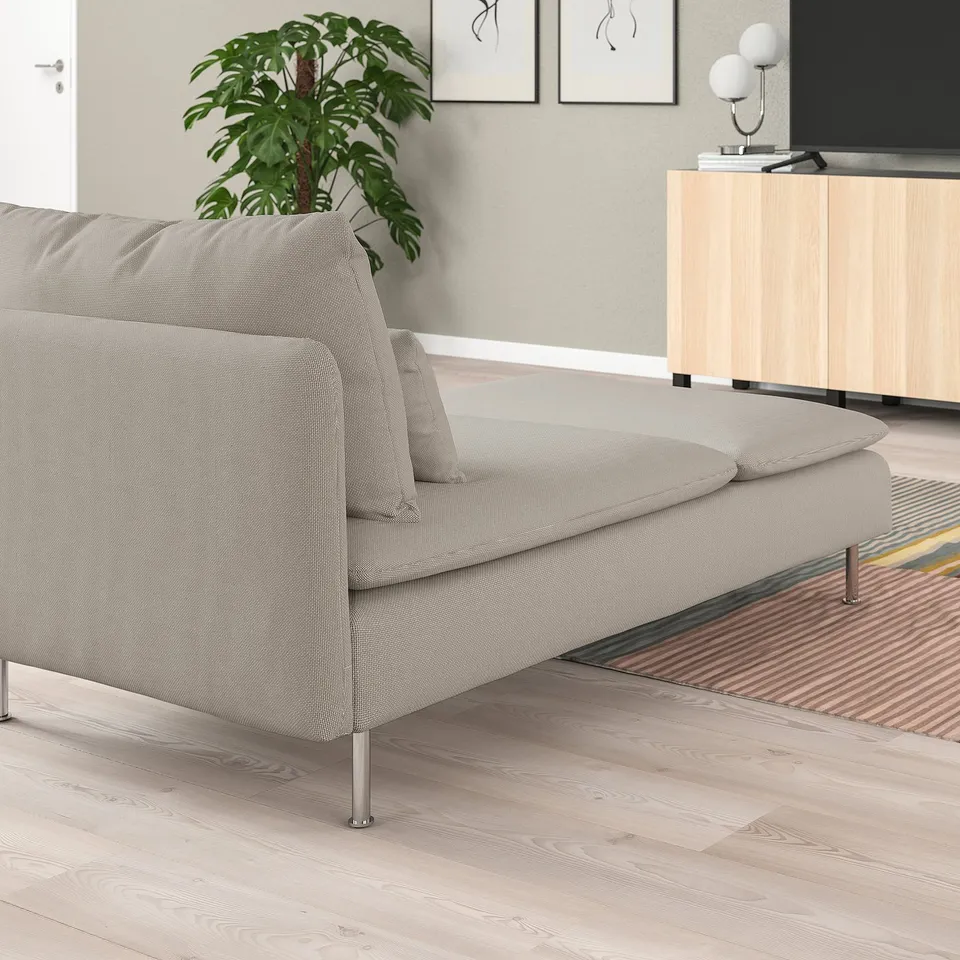 SÖDERHAMN chaise lounge in light grey, sleek modern design, slim legs, sized well for room, soft cushions.