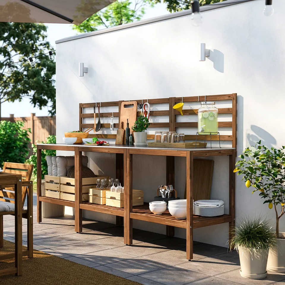 NÄMMARÖ Outdoor kitchen, light brown stained/stainless steel, 240x62 cm