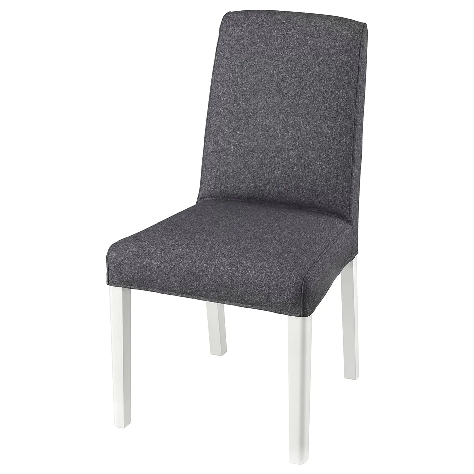 A grey BERGMUND chair with a high back and white legs, featuring a modern and comfortable design.