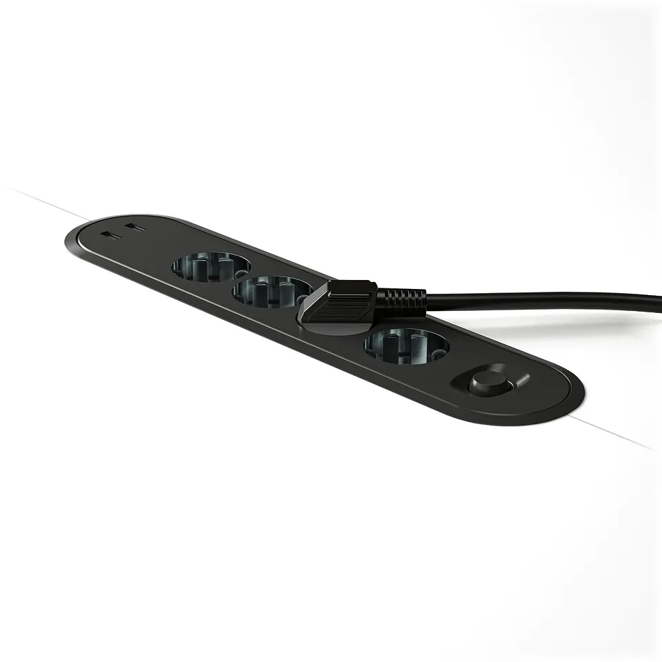 Black surge protector with multiple outlets & usb ports.