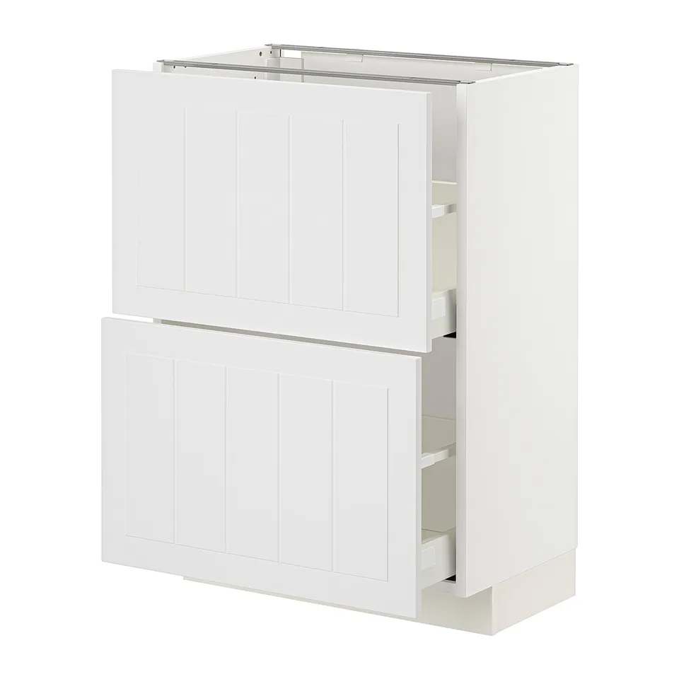 A white METOD kitchen cabinet with two doors and two drawers. It has a clean, modern design with vertical grooves on the doors.