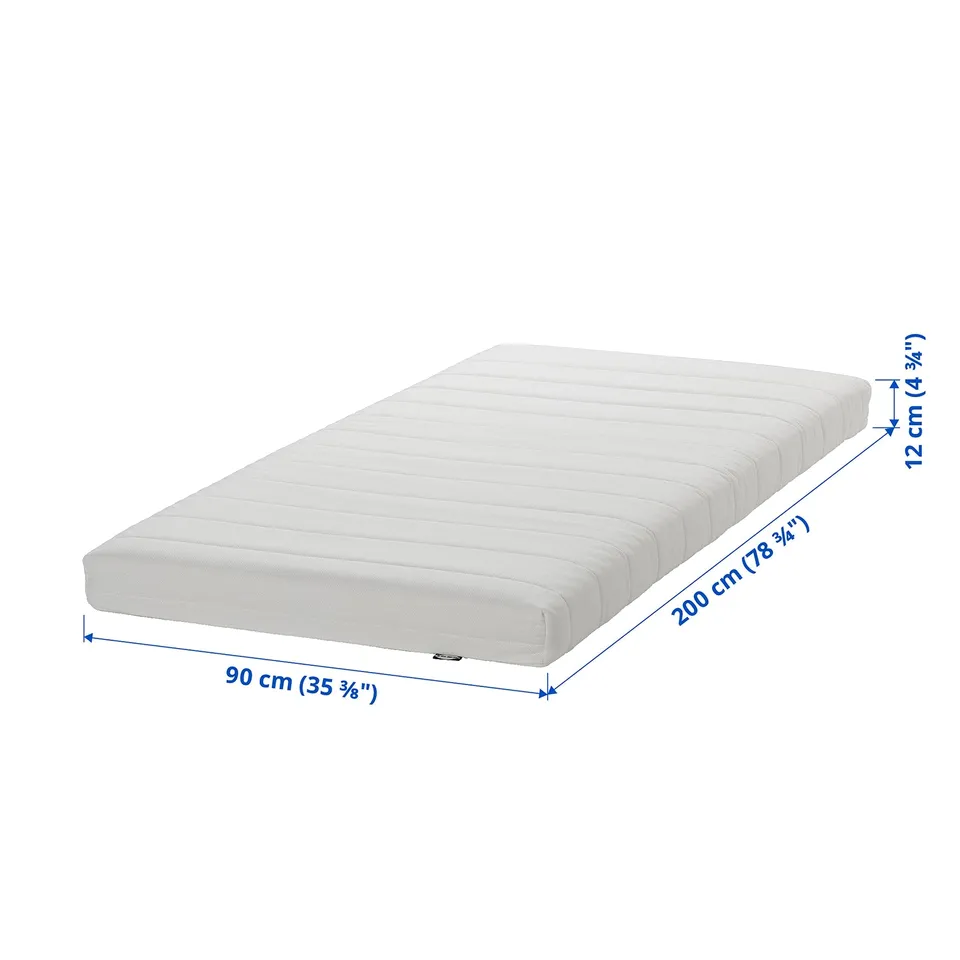 A white firm foam mattress, 12 cm thick, with measurements: 200 cm x 90 cm. Includes soft wadding in a quilted, washable cover.
