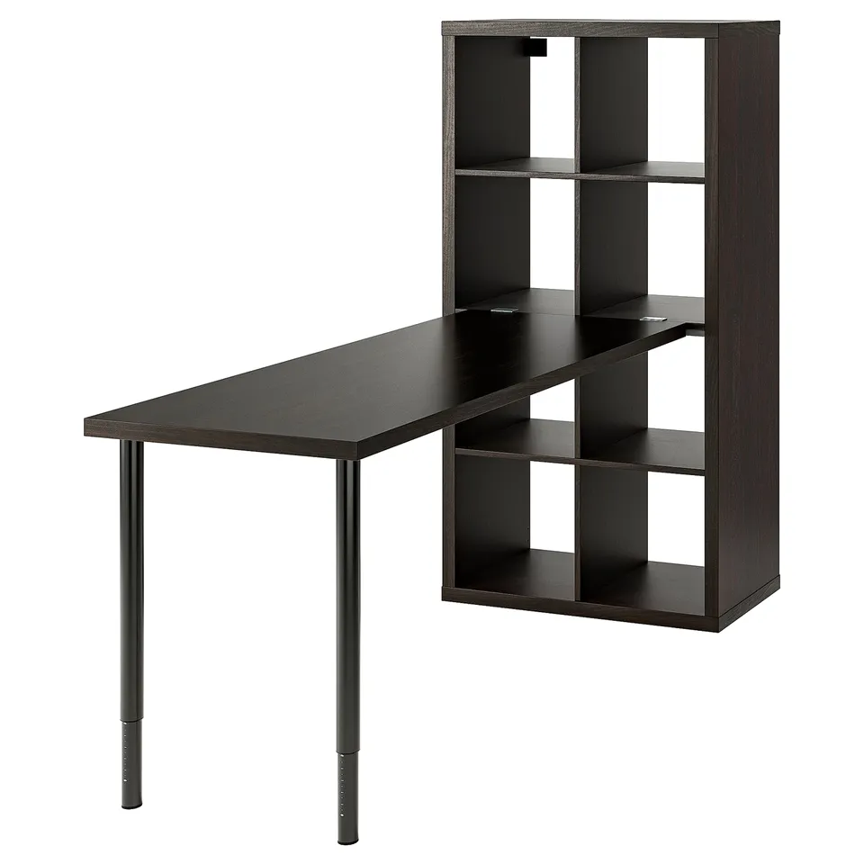 KALLAX: modern dark wooden desk with adjustable legs and open shelves for storage.