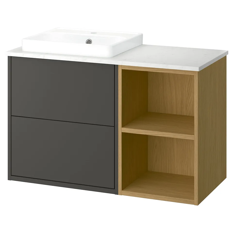 Dark grey & oak bathroom cabinet with marble countertop, square sink, open shelves.