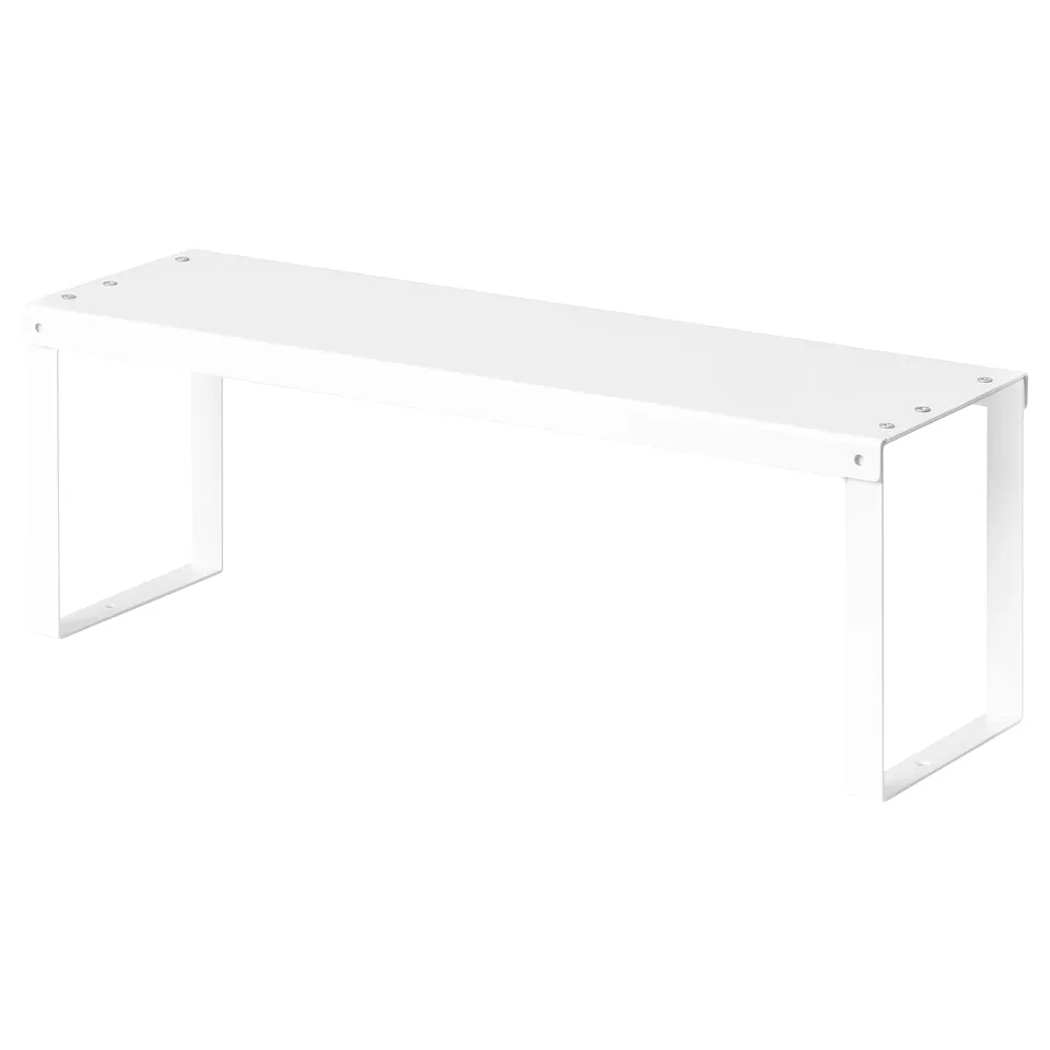 A white metal VARIERA shelf insert, modern and minimalist in design, ideal for kitchen cabinet organisation.