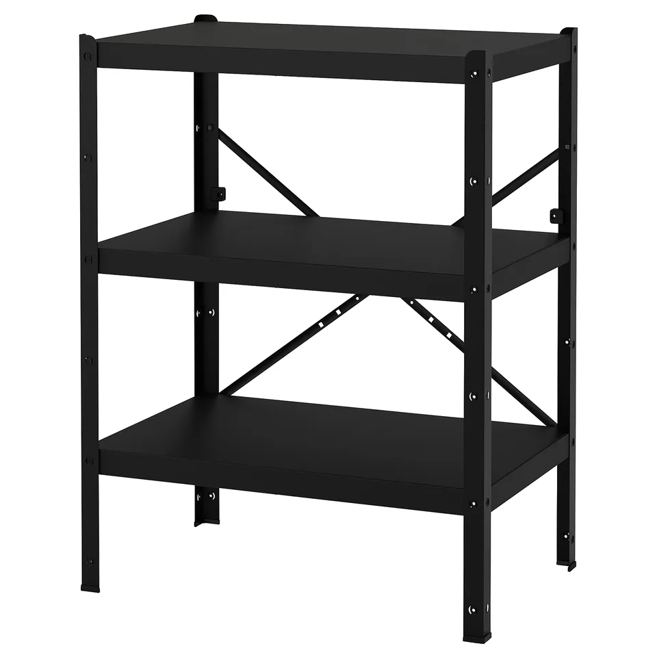A black metal BROR storage unit with three shelves, designed for heavy loads.