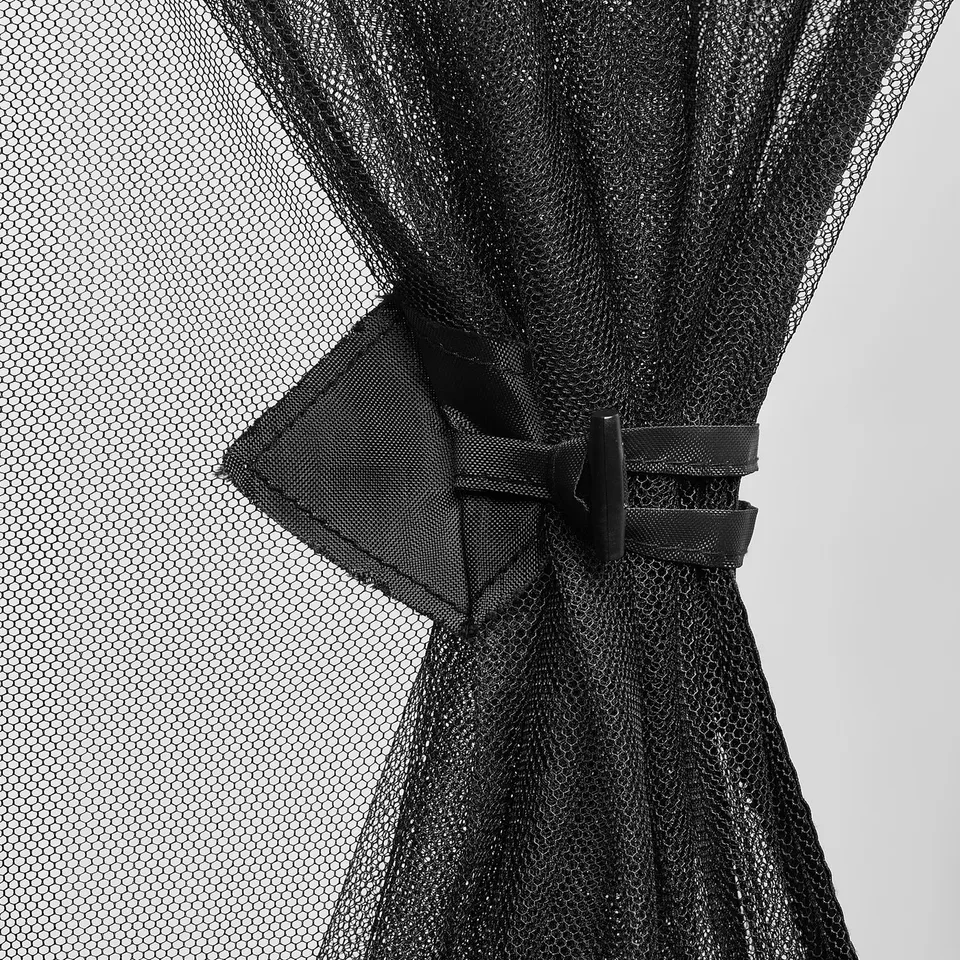 Black insect net for parasols with adjustable straps and a secure fastening mechanism, shown in.