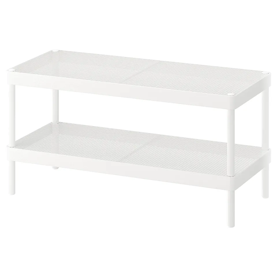White MACKAPÄR storage unit with 2 mesh shelves, 4 metal legs, sleek design.