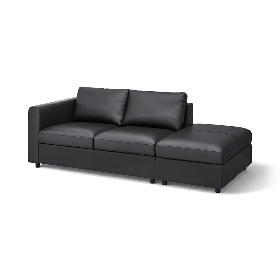 Black VIMLE sofa, modern minimalist design, leather and fabric, two-seat plus ottoman.