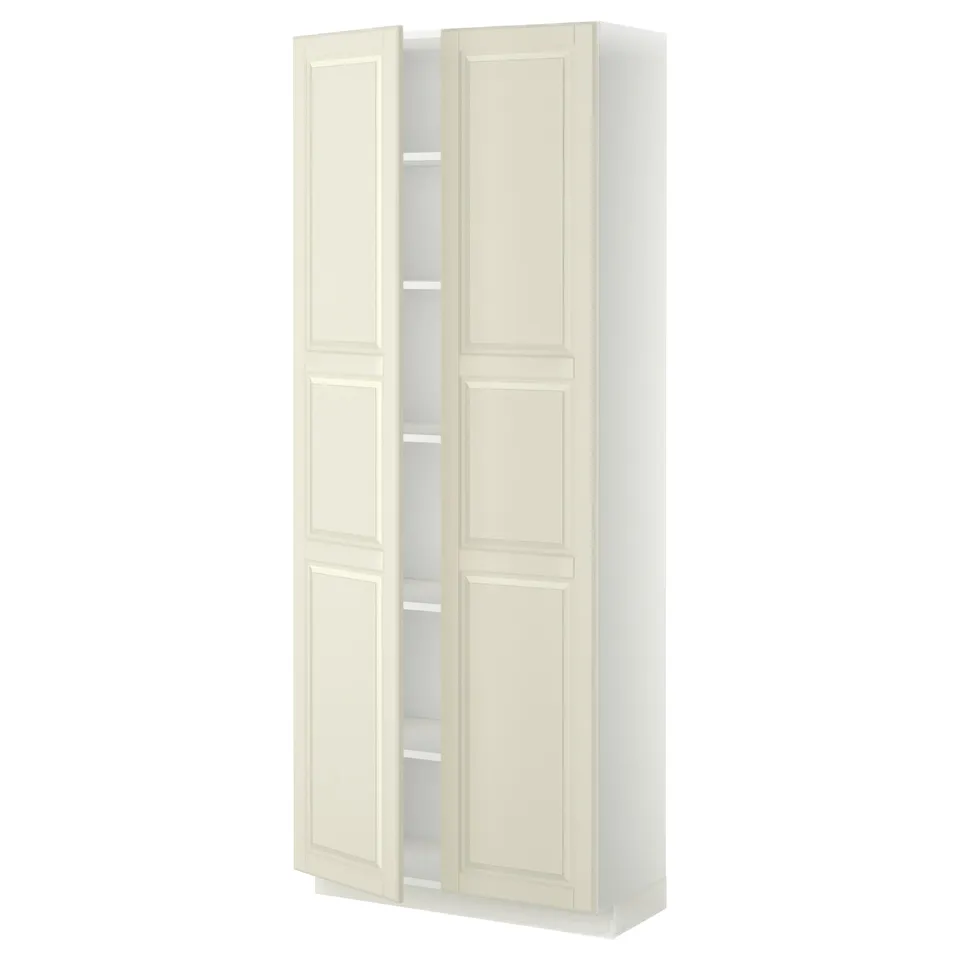 The METOD kitchen cabinet in off-white with bevelled edges, featuring an adjustable shelf and sturdy construction.