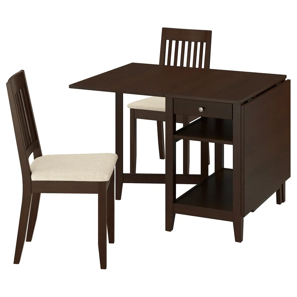 Brown wooden dining set with one table and two chairs. Table has drop-leaf and storage drawer.