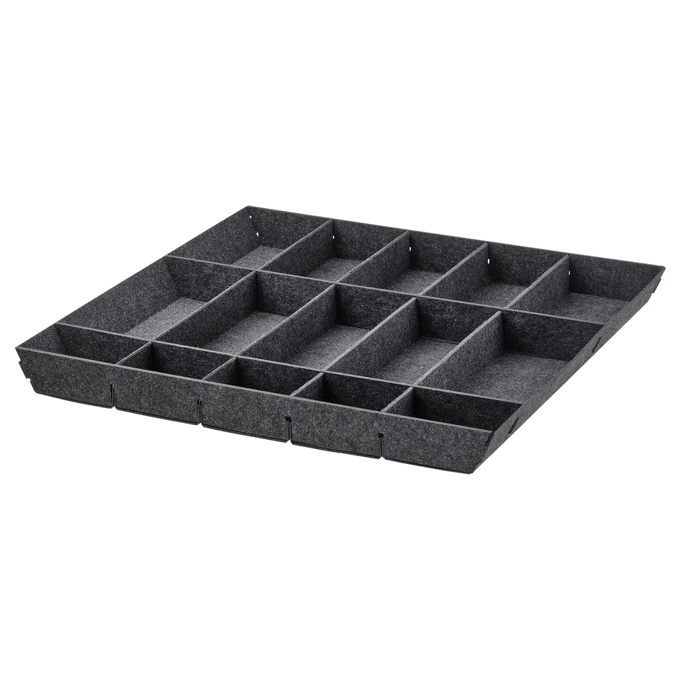 An updatera grey, rectangular kitchen drawer organiser with customizable compartments made of 100% polyester.