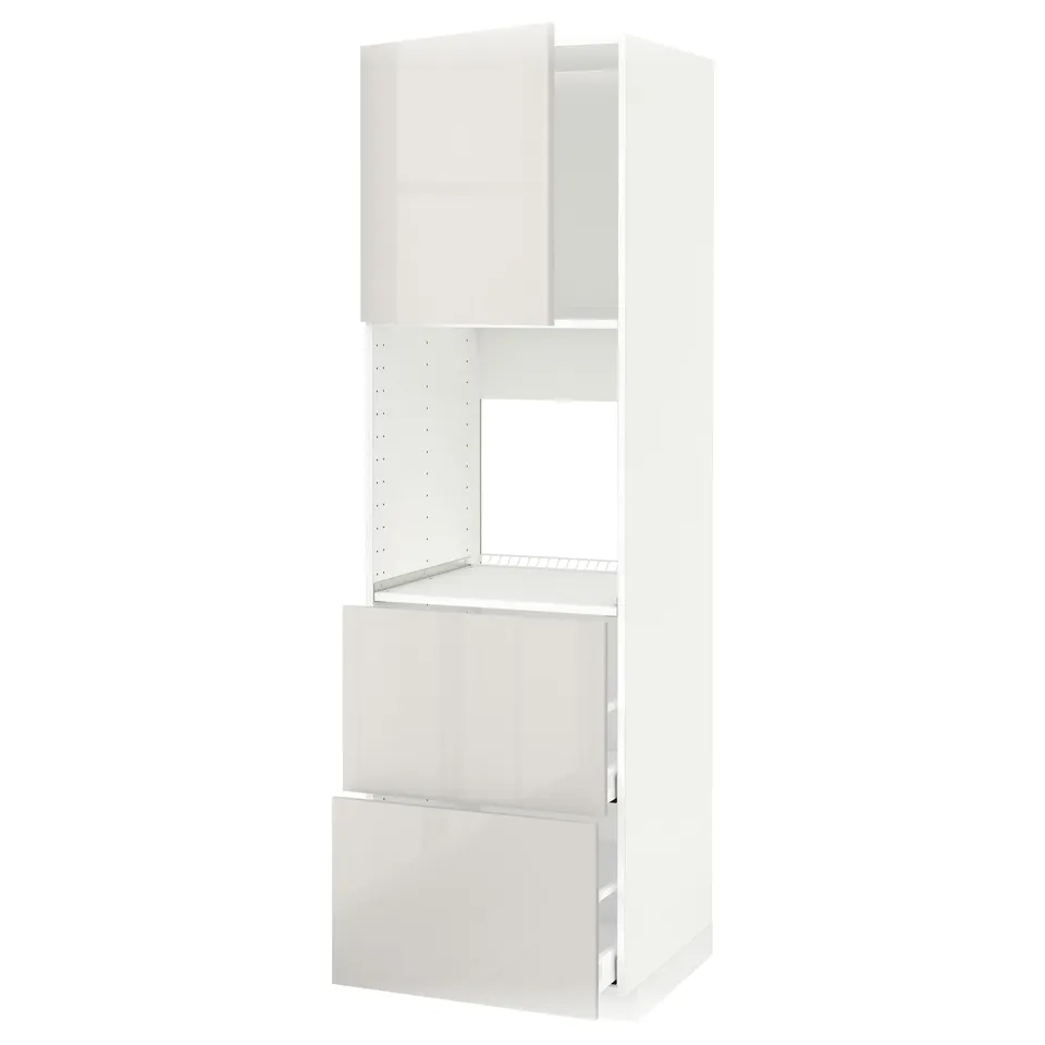 A high gloss white METOD kitchen cabinet system with shelves and drawers. It has a sleek, modern design with silver handles.