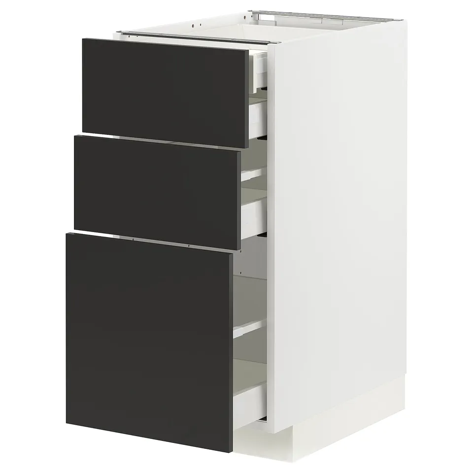 METOD kitchen unit, white with black drawers, 3 pullout drawers, modern design, sturdy frame.