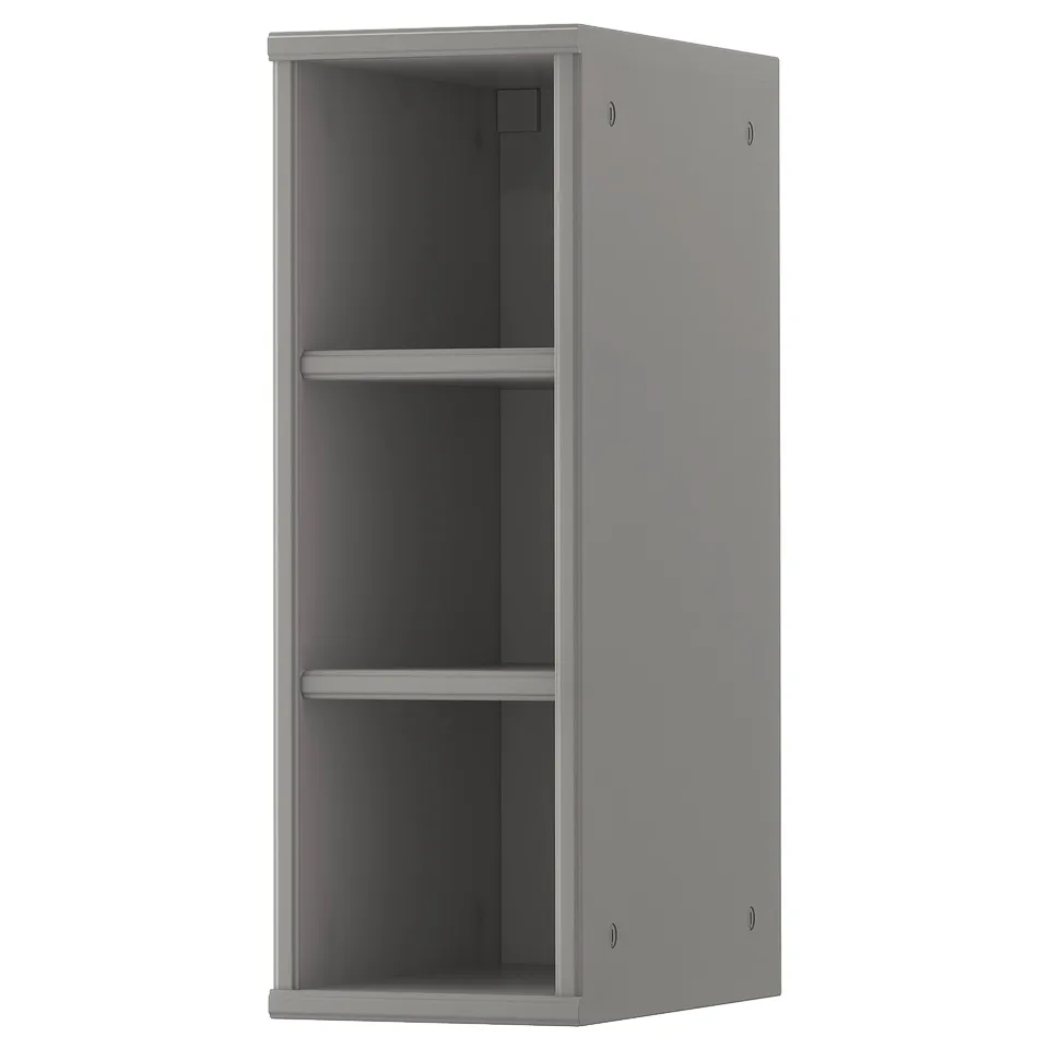 A grey TORNVIKEN open cabinet. Its tall and slim, made of fibreboard, with a simple, modern design.